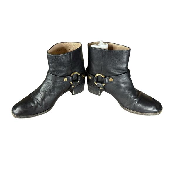 Stuart Weitzman Black Leather Harness Ankle Boots Size 7 Gold Hardware - Picture 9 of 11